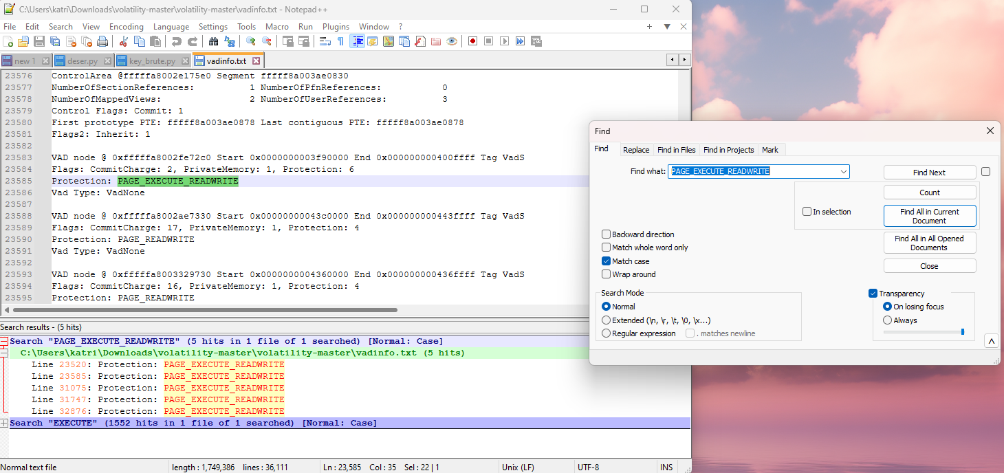 Here you can see how narrowed down the search becomes, with only five instances of the PAGE_EXECUTE_READWRITE protection existing