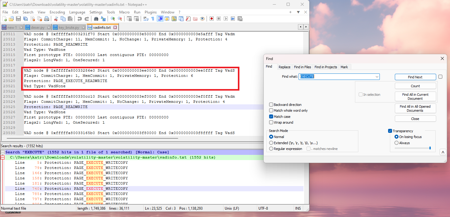 This is an example of what they wanted you to search. You can see in the middle where I highlighted the proper VAD node with the VadS tag and an execute protection