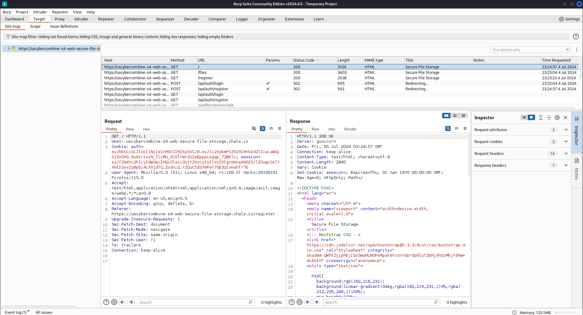 Burp Suite intercepting traffic from the website.