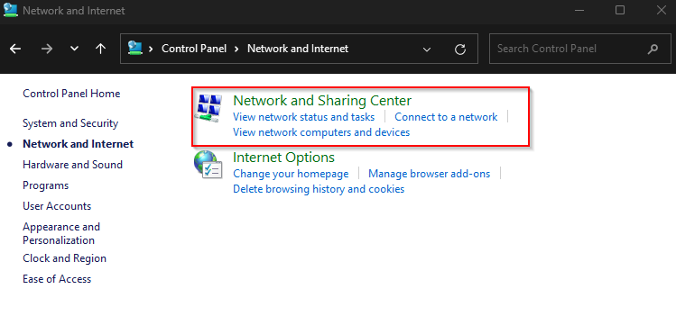 image indicating where to click for Network and Sharing Center