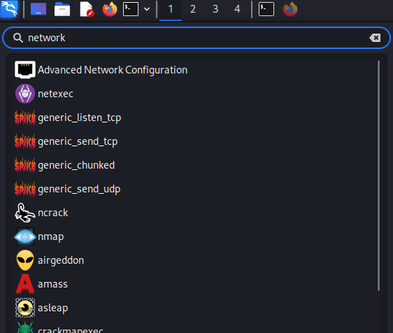 image of searching “Network” in kali menu